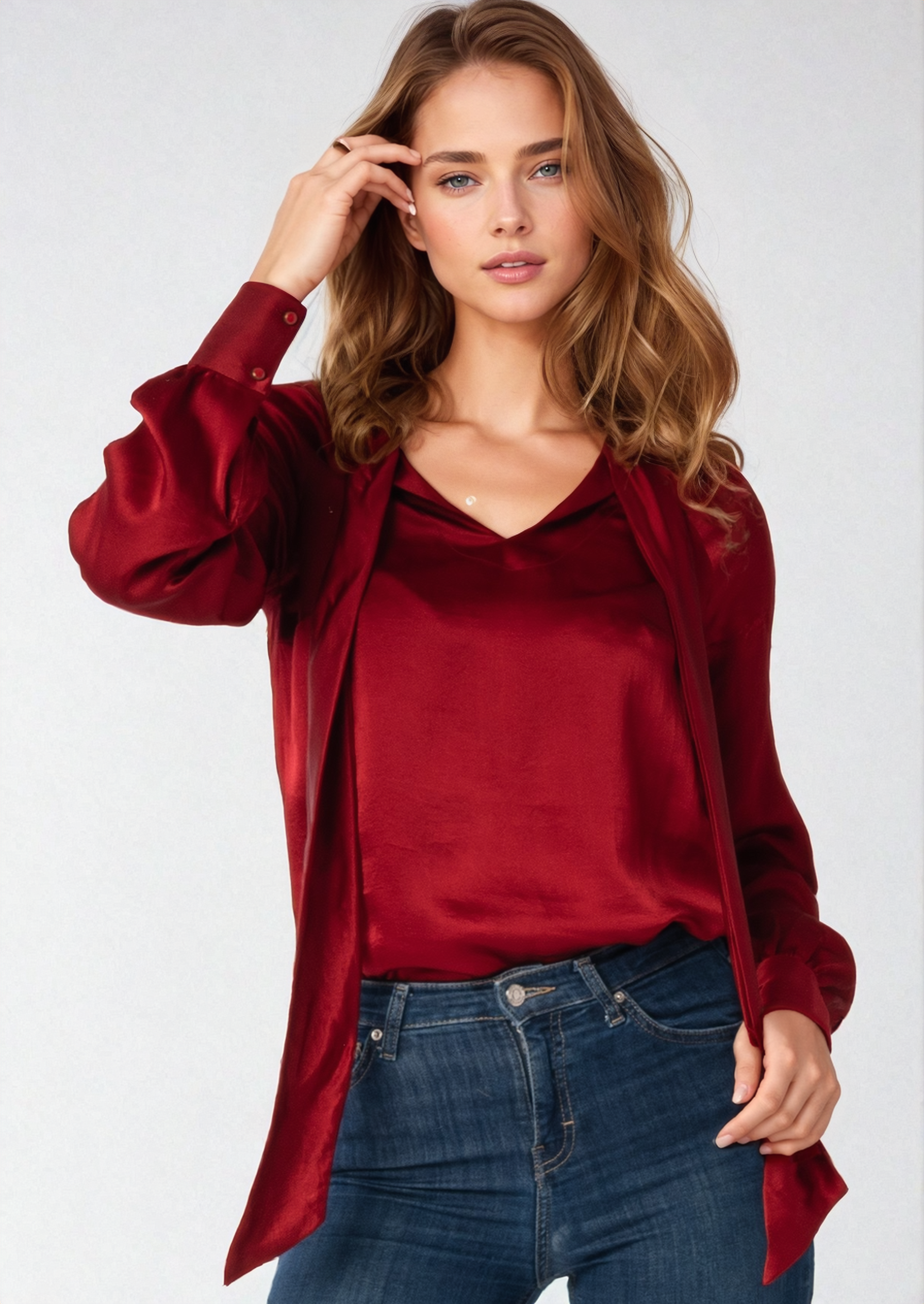 Elysia Straight-cut Silk Blouse with V-Neckline and Bow Detail