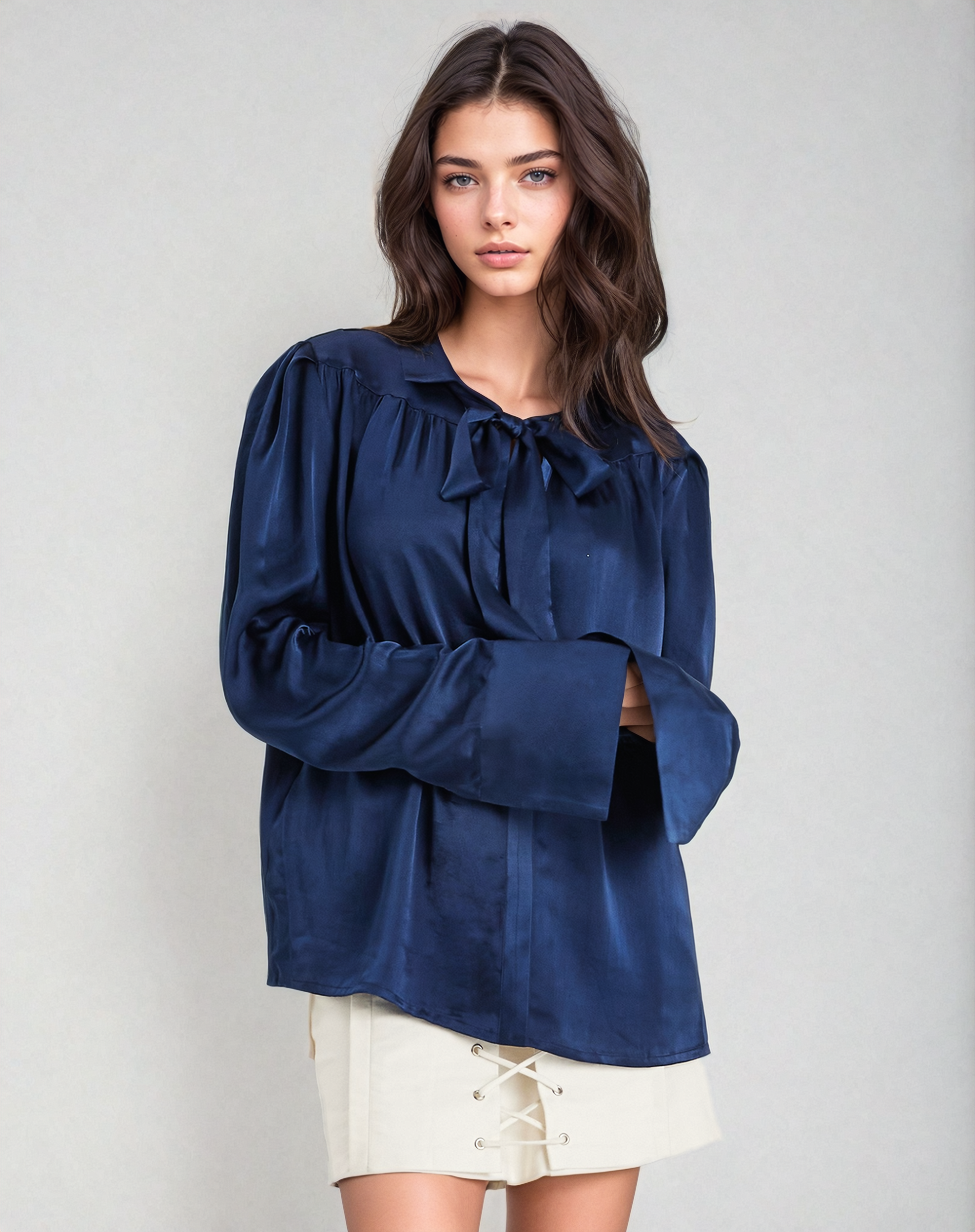 Tailored Silk Blouse with Gathers, V-Neckline, and Elegant Collar Tie