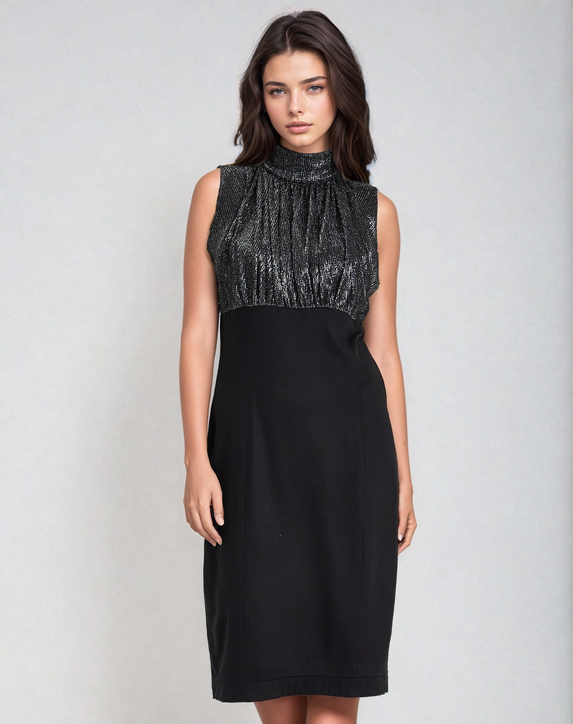 Sleeveless Dress with Fitted Elegance, Voluminous Top, and Alluring Details