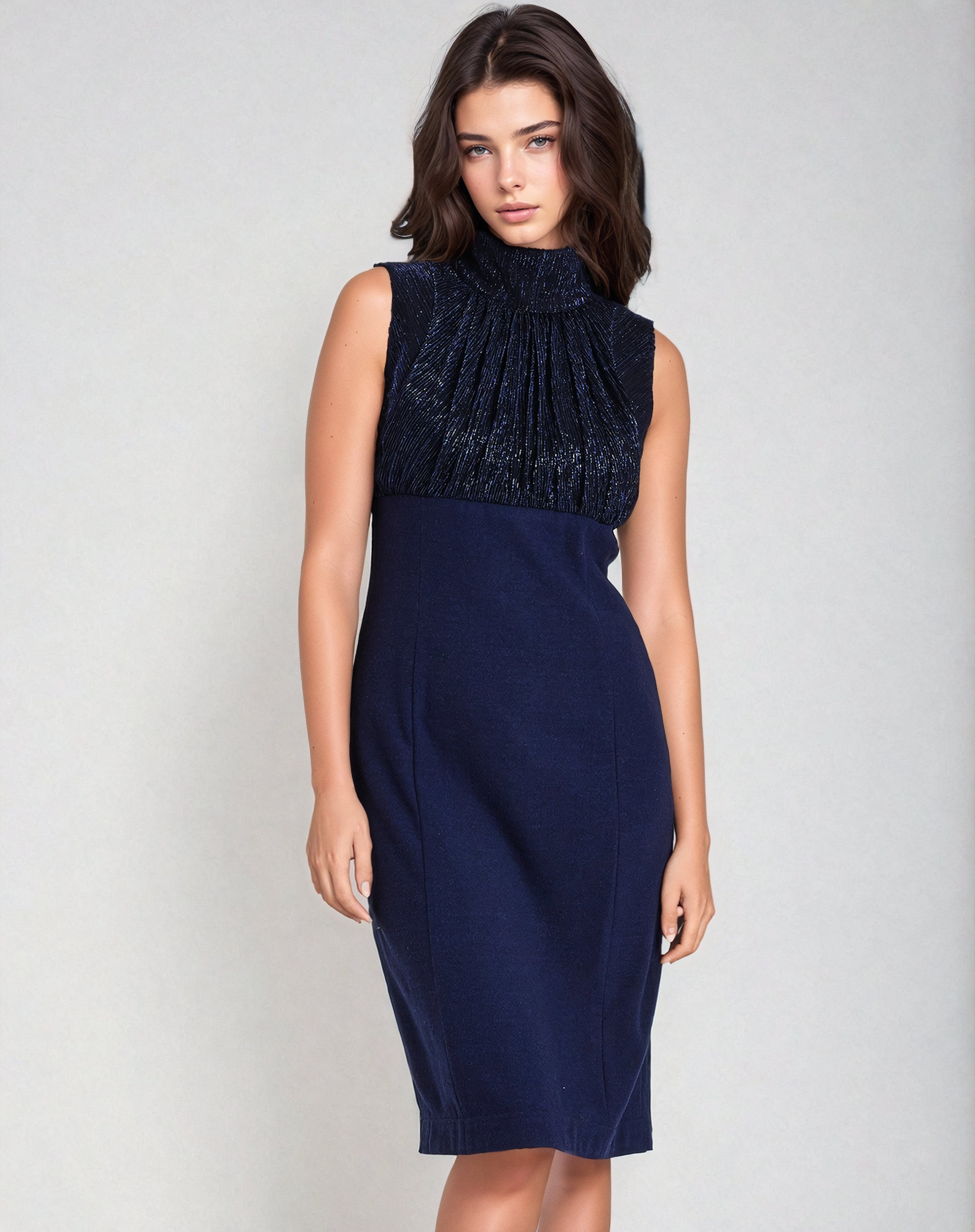 Sleeveless Dress with Fitted Elegance, Voluminous Top, and Alluring Details