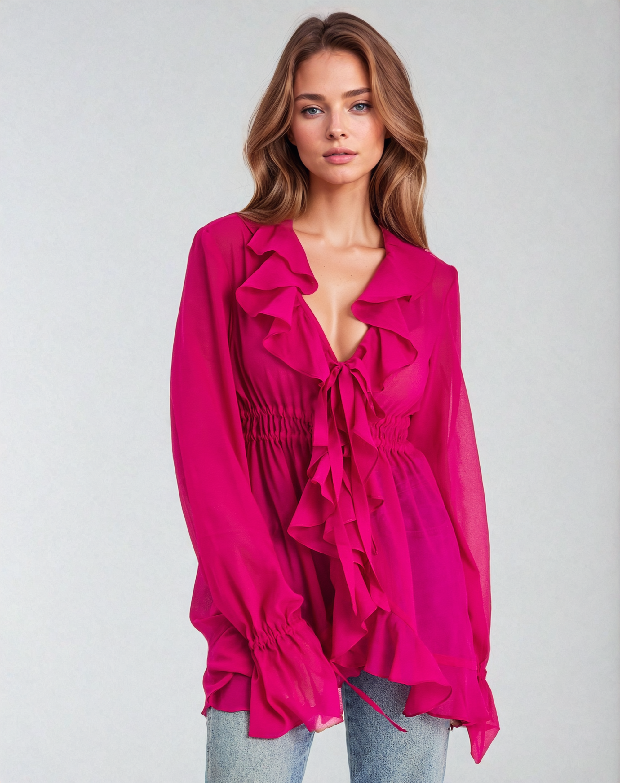 Ruffled Elegance A-Line Blouse with Deep V-Neck, Bias Binding, and Stylish Ties