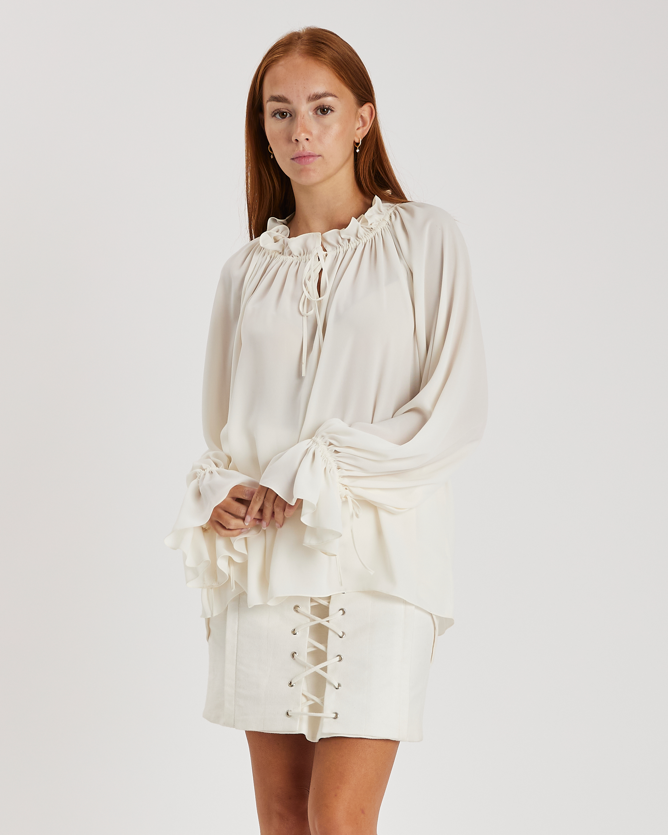 Straight Design Blouse with Circular Neckline, Keyhole Detail, and Flowy Sleeves