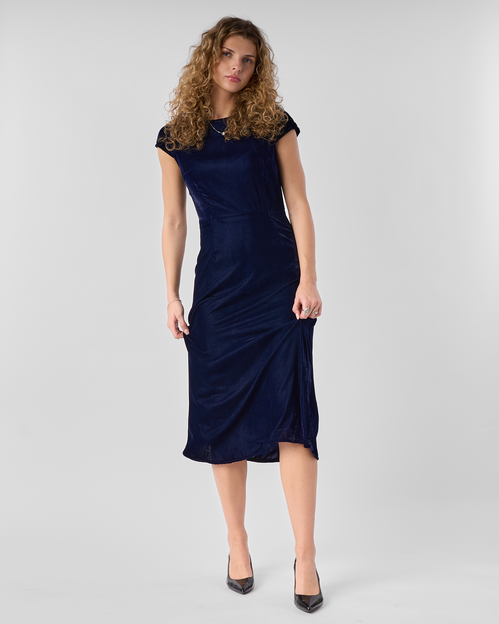 Amara Slim-Fit Velvet Dress with A-Line Skirt and Elegant Yoke Detail