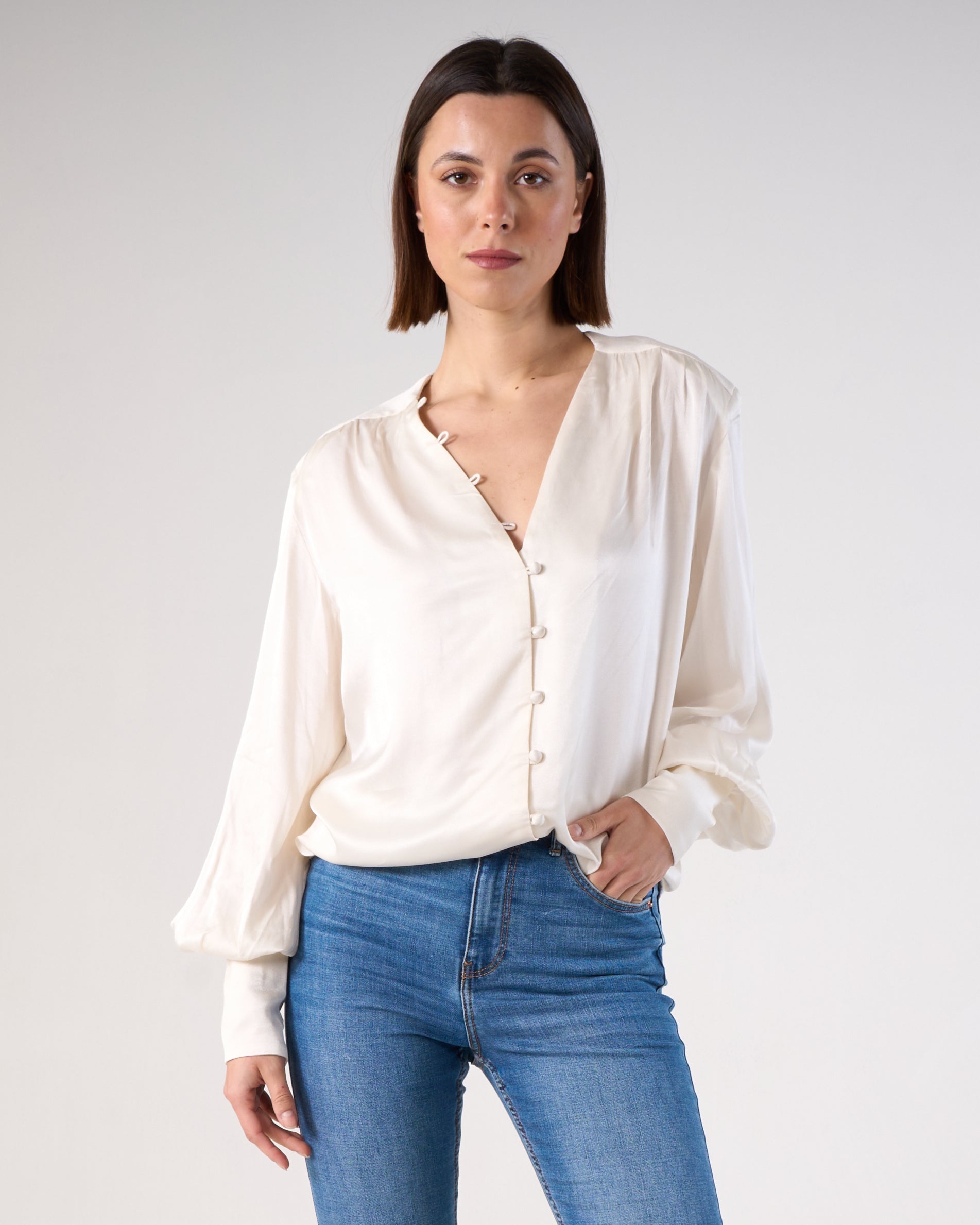 Celestia Loose Fitting Silk Blouse with Bishop Sleeves
